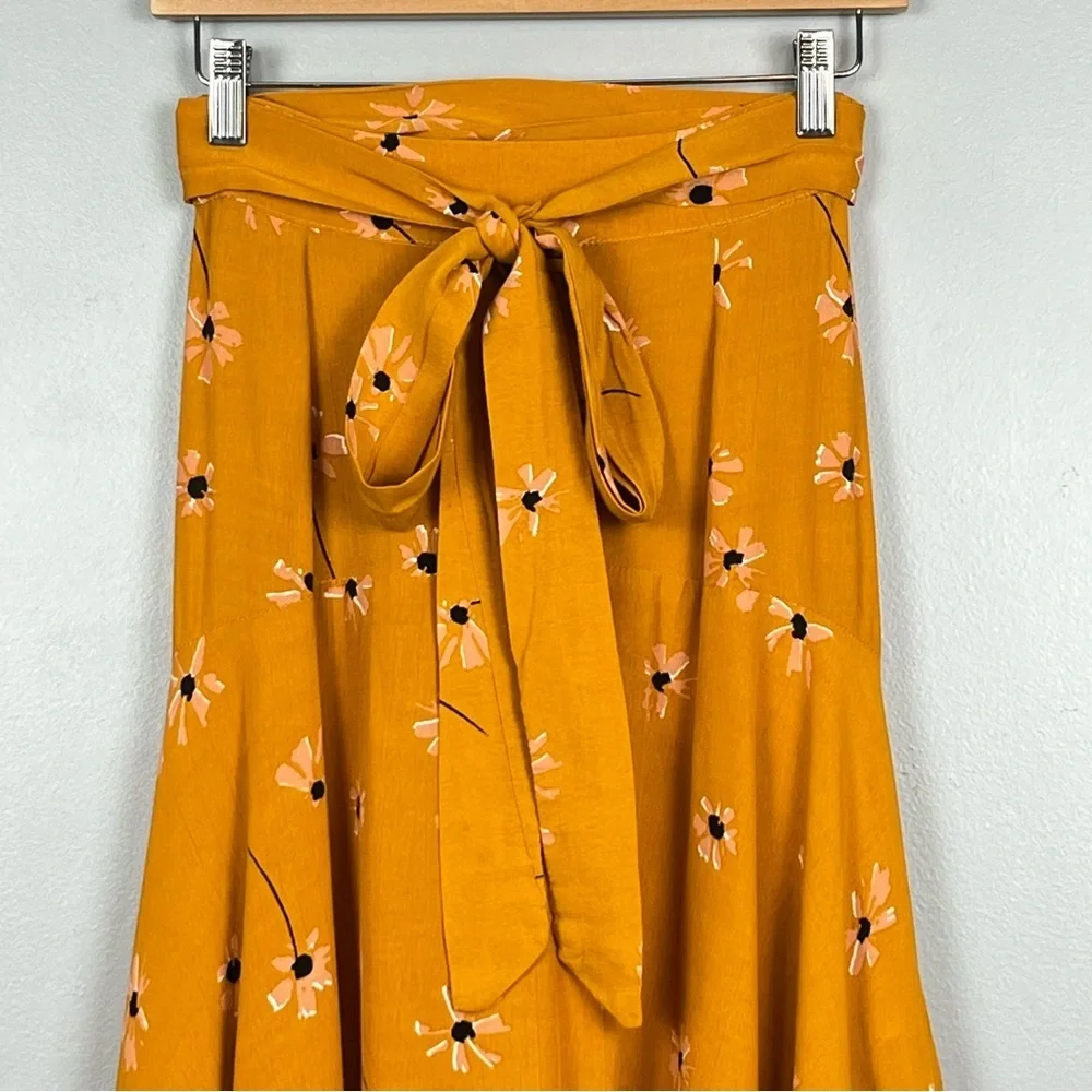 Faithfull The Brand Kamares Botany mustard yellow floral ruffle hem skirt, XS.